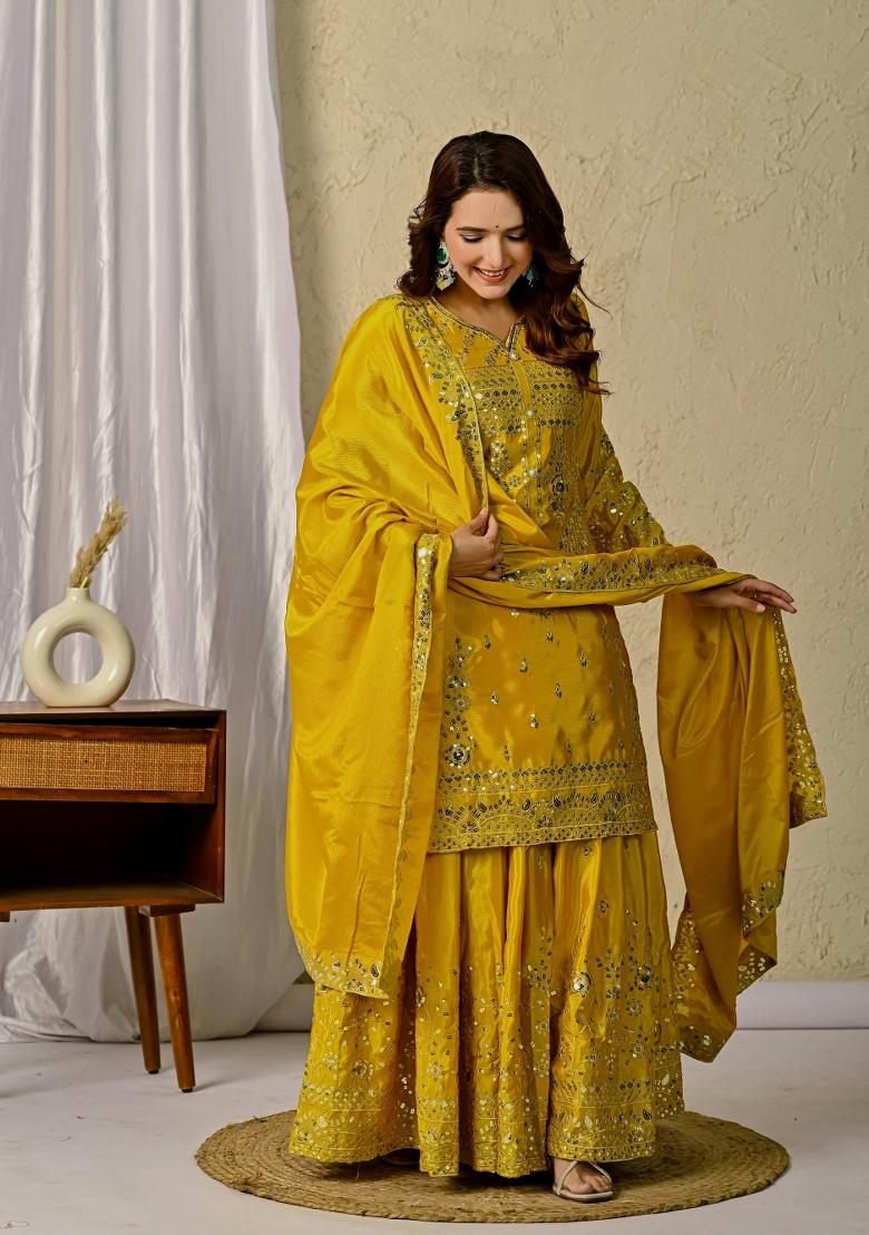 Yellow Embroidery Silk Sharara Set - Indya