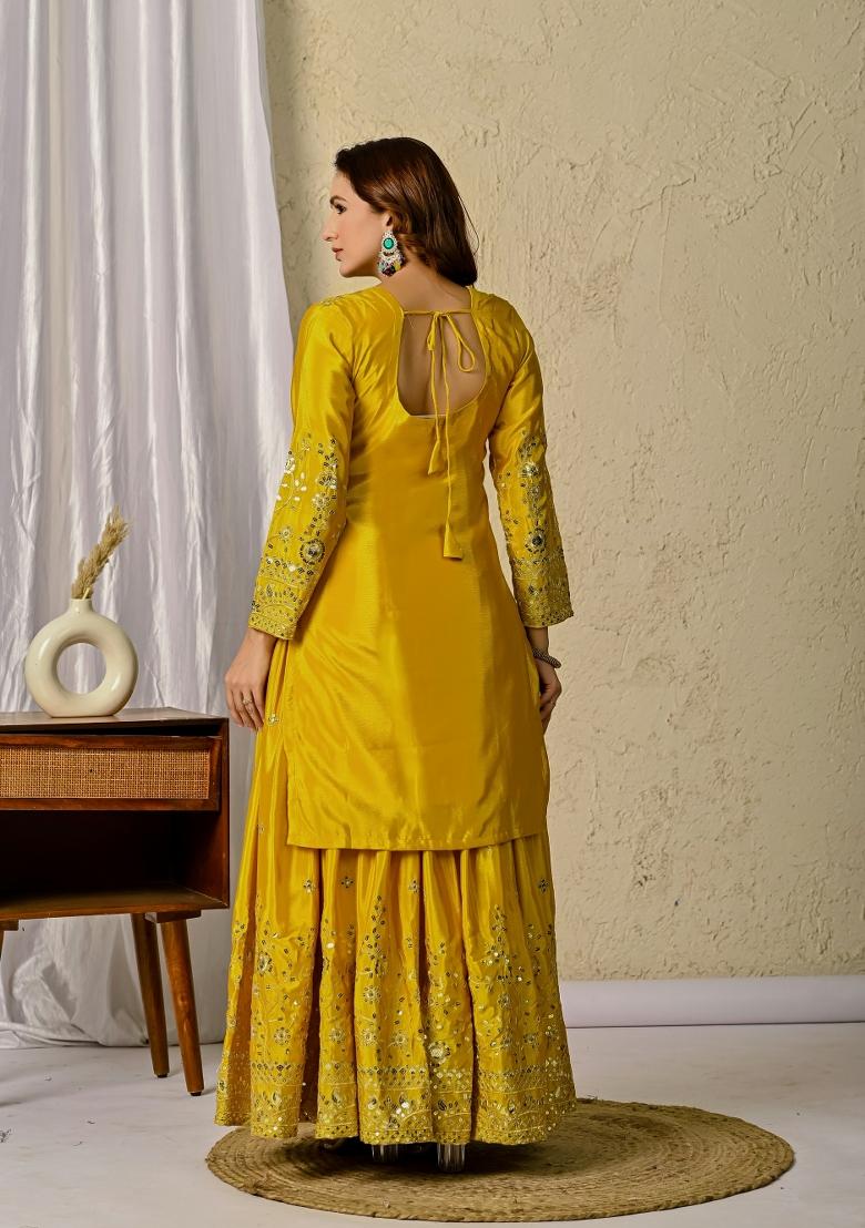 Yellow Embroidery Silk Sharara Set - Indya