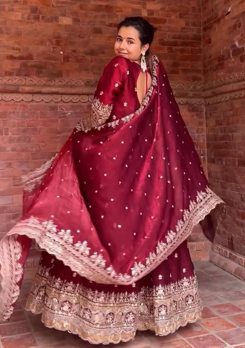 Maroon Embroidery Silk Salwar Suit Set - Indya