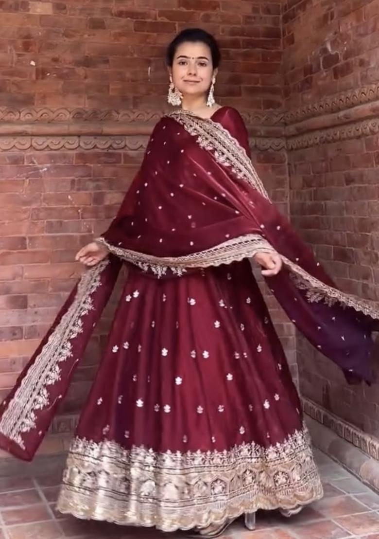 Maroon Embroidery Silk Salwar Suit Set - Indya