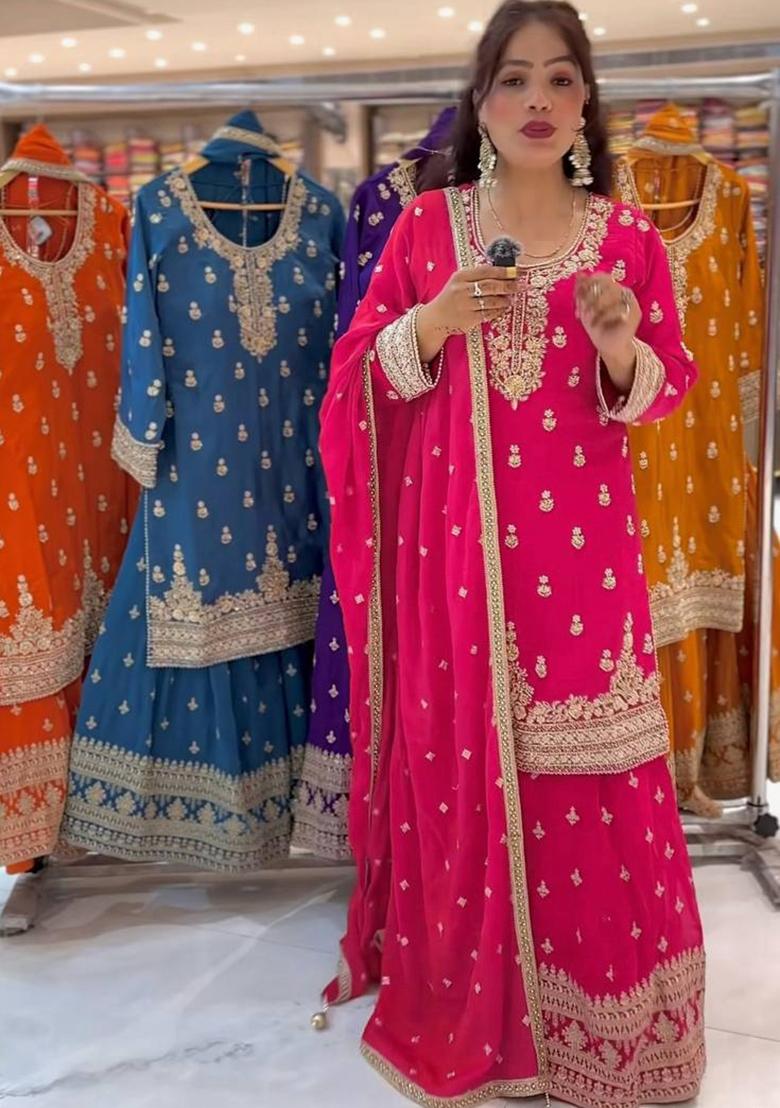 Rani Pink Embroidery Silk Salwar Suit Set - Indya