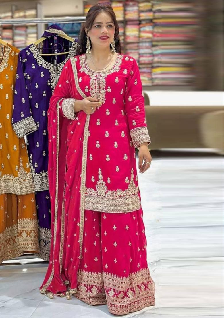 Rani Pink Embroidery Silk Salwar Suit Set - Indya