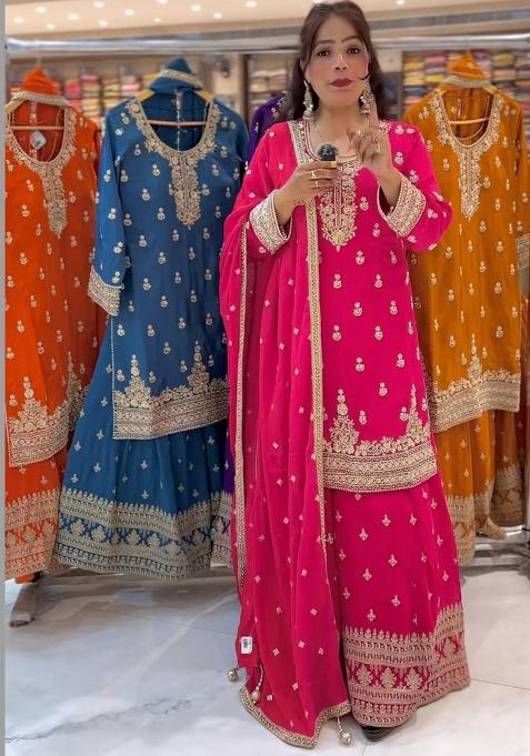 Rani Pink Embroidery Silk Salwar Suit Set — view on Indya