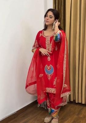 Red Embroidery Silk Salwar Suit Set