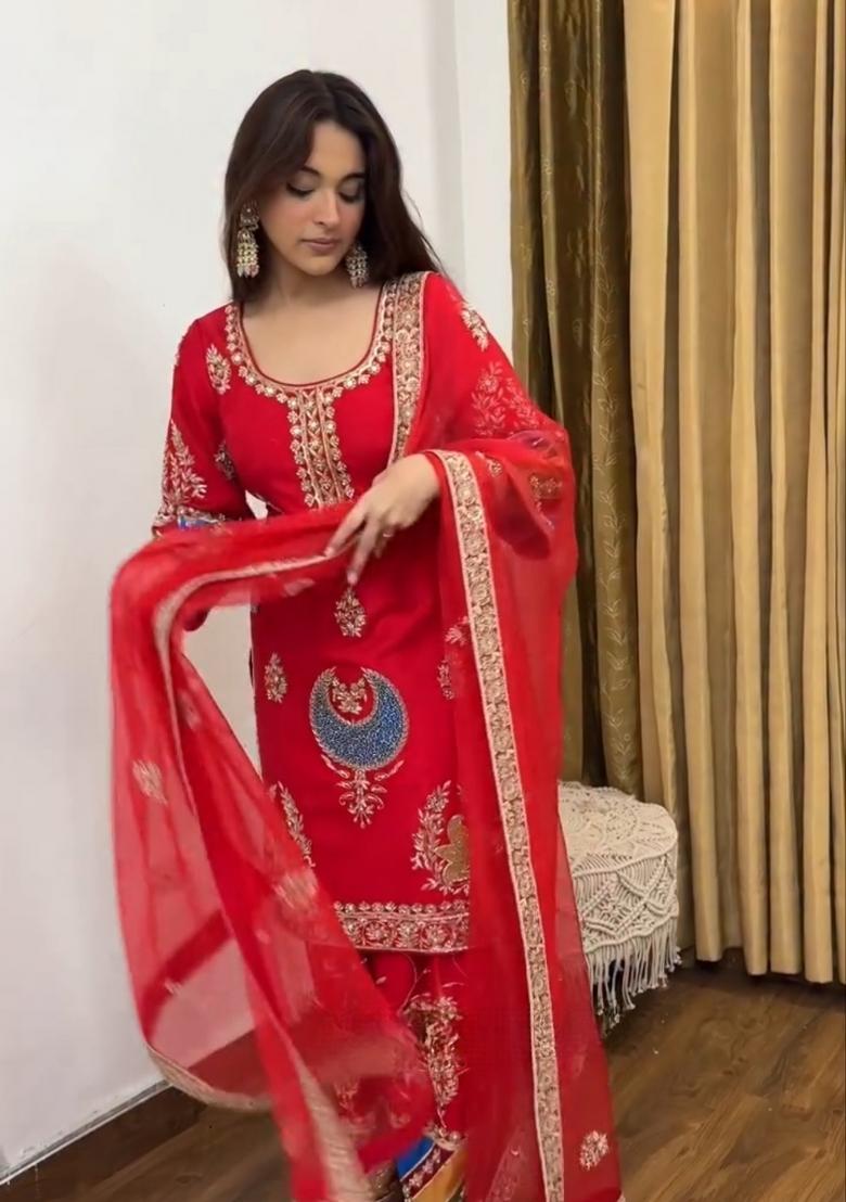 Red Embroidery Silk Salwar Suit Set - Indya