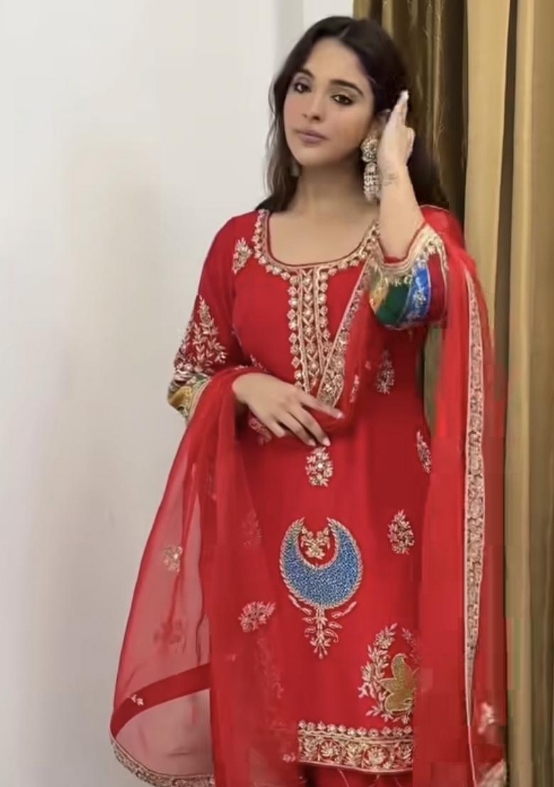 Red Embroidery Silk Salwar Suit Set - Indya