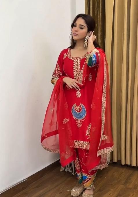 Red Embroidery Silk Salwar Suit Set — view on Indya