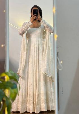 Cream Embroidery Georgette Salwar Suit Set