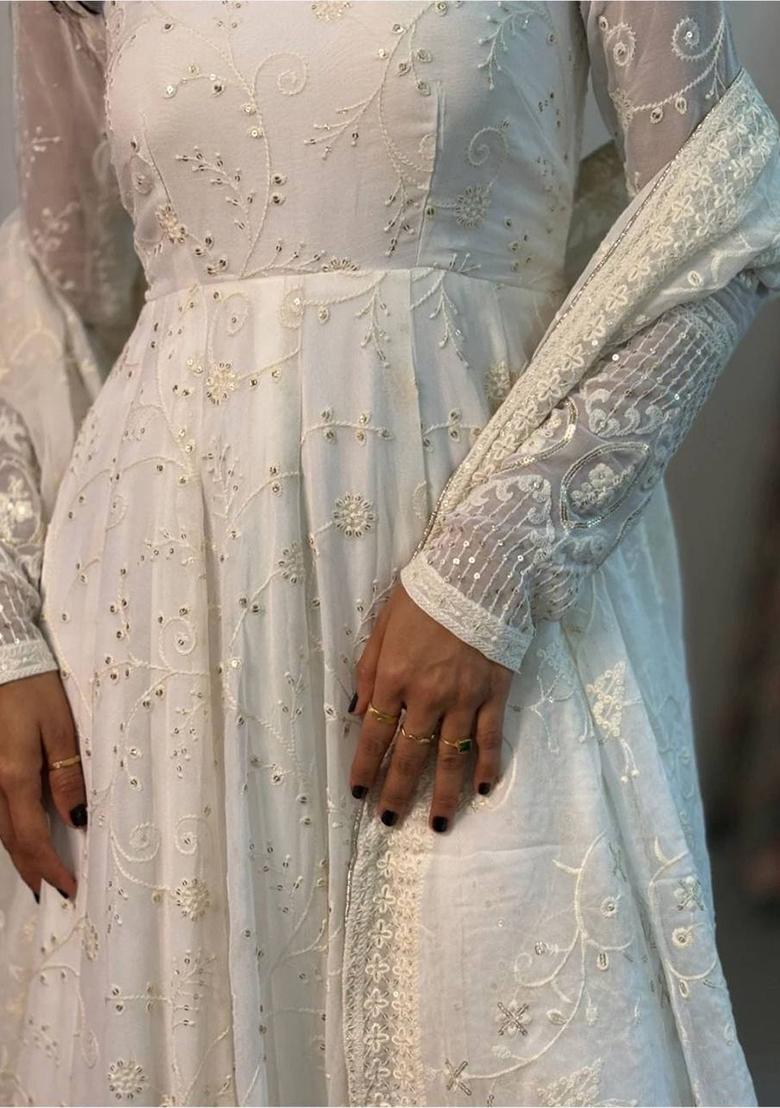 Cream Embroidery Georgette Salwar Suit Set - Indya