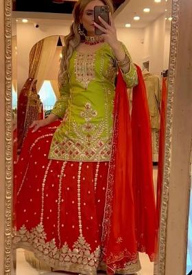 Green And Red Embroidery Silk Salwar Suit Set