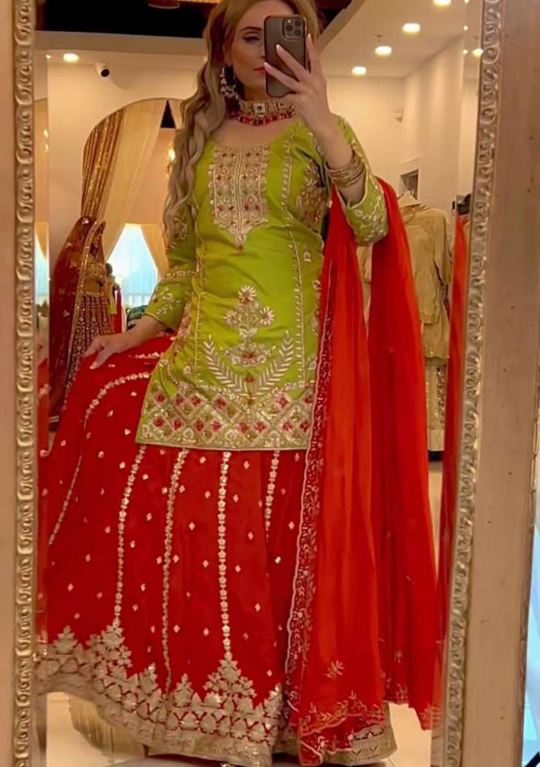 Green And Red Embroidery Silk Blend Salwar Suit Set - Indya