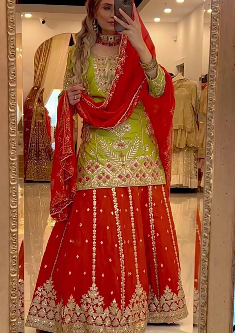 Green And Red Embroidery Silk Salwar Suit Set - Indya