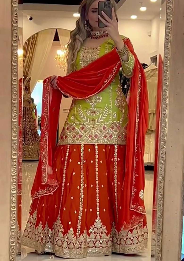 Green And Red Embroidery Silk Blend Salwar Suit Set - Indya