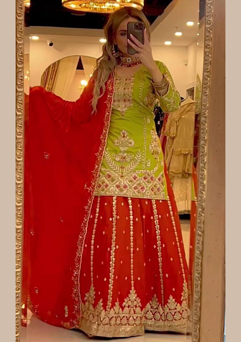 Green And Red Embroidery Silk Salwar Suit Set - Indya