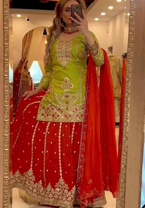 Green And Red Embroidery Silk Salwar Suit Set — view on Indya