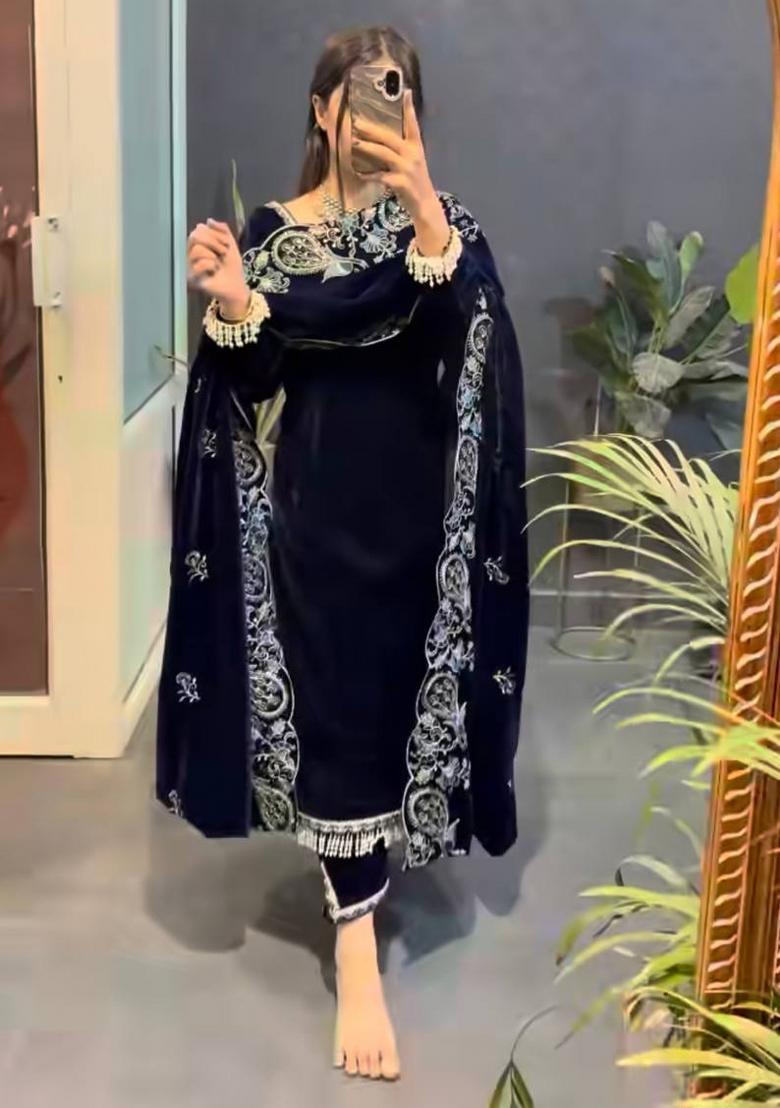 Navy Blue Embroidery Velvet Salwar Suit Set - Indya