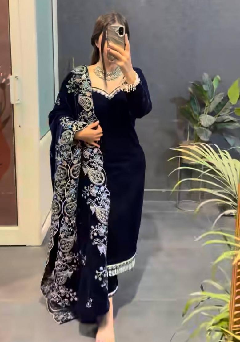 Navy Blue Embroidery Velvet Salwar Suit Set - Indya