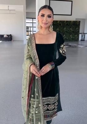 Green Embroidery Velvet Salwar Suit Set