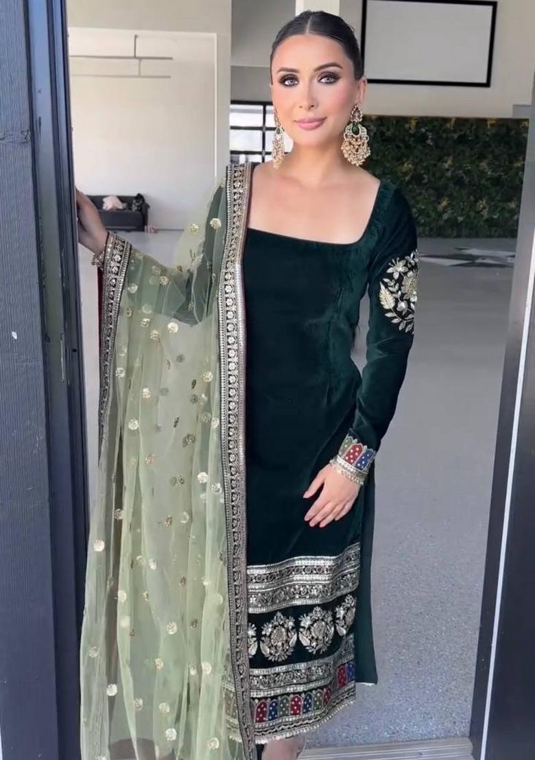 Green Embroidery Velvet Salwar Suit Set - Indya