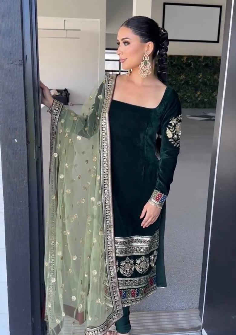 Green Embroidery Velvet Salwar Suit Set - Indya