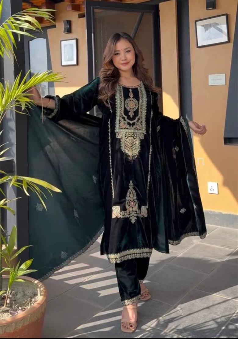 Green Embroidery Velvet Salwar Suit Set - Indya