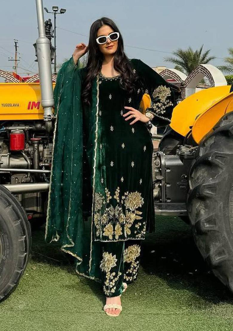 Green Embroidery Velvet Salwar Suit Set - Indya