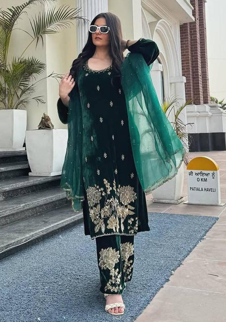 Green Embroidery Velvet Salwar Suit Set - Indya