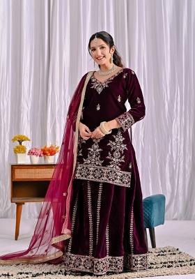 Wine Embroidery Velvet Salwar Suit Set