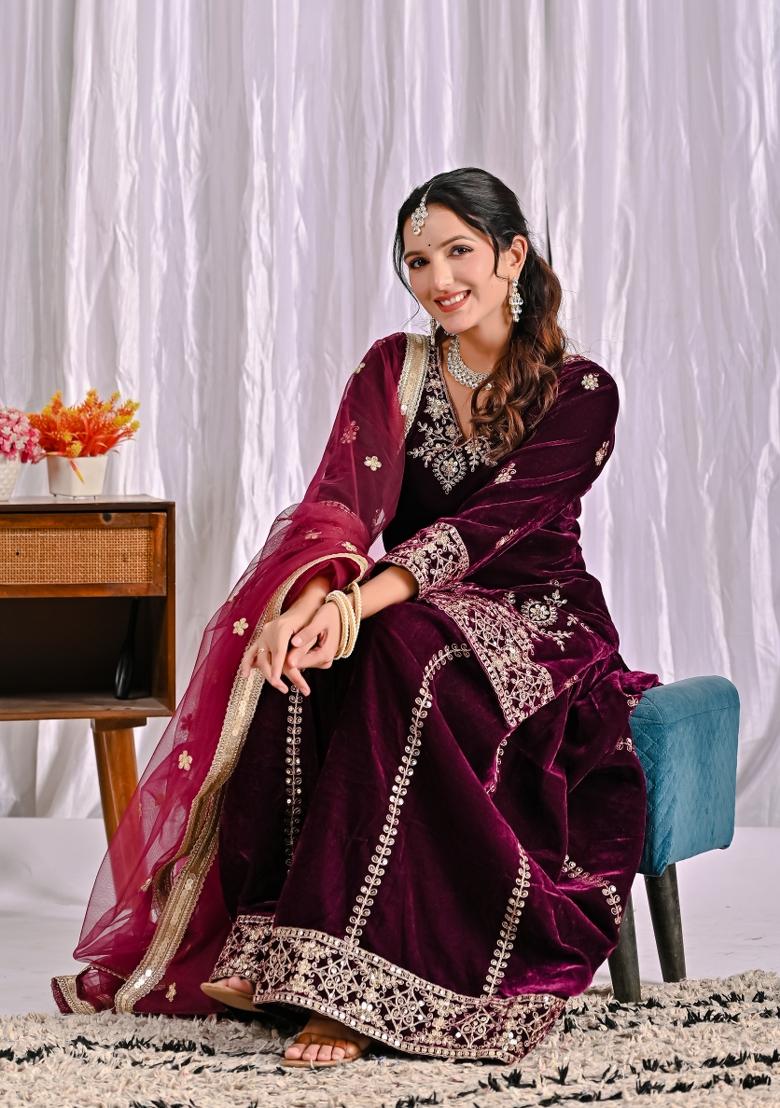 Wine Embroidery Velvet Salwar Suit Set - Indya