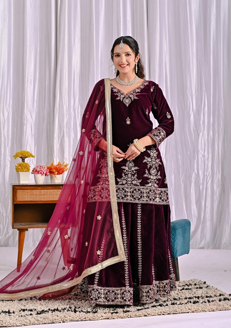 Wine Embroidery Velvet Salwar Suit Set - Indya