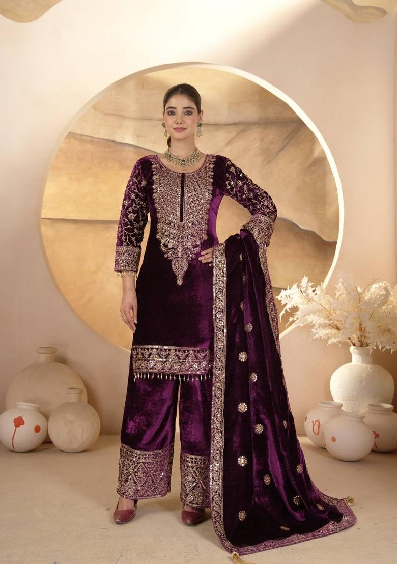 Wine Embroidery Velvet Salwar Suit Set - Indya