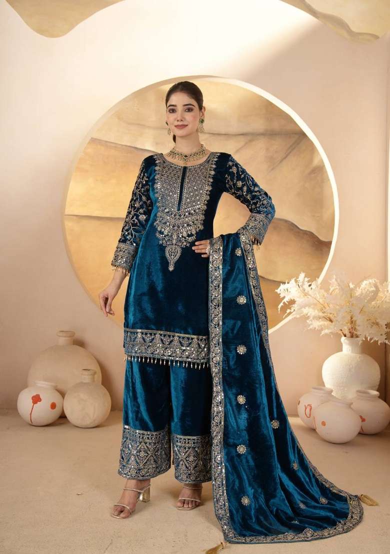 Rama Green Embroidery Velvet Salwar Suit Set - Indya