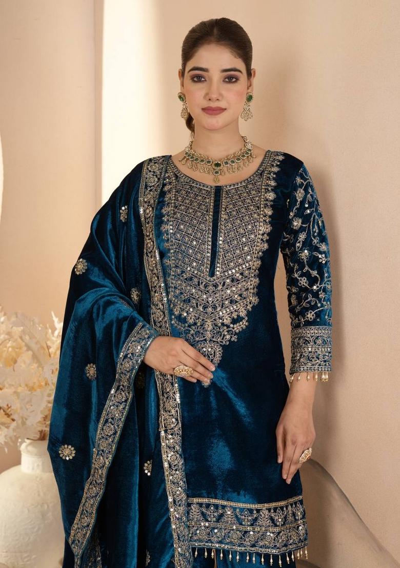 Rama Green Embroidery Velvet Salwar Suit Set - Indya