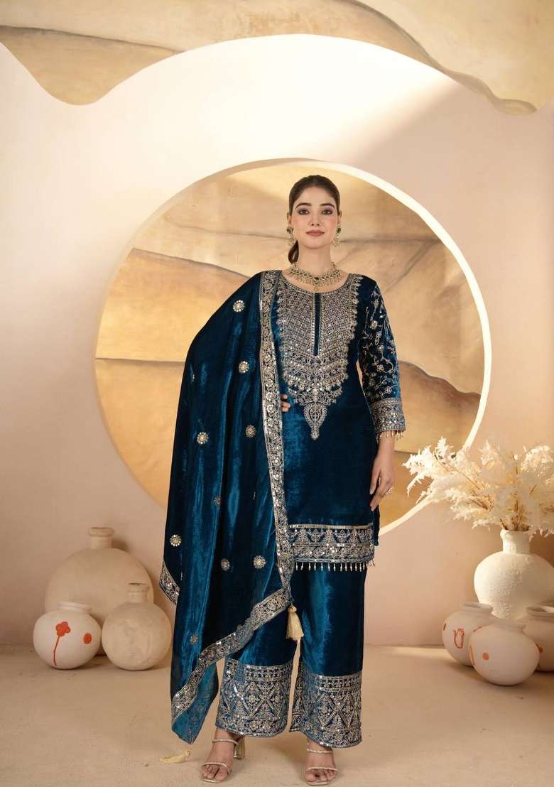 Rama Green Embroidery Velvet Salwar Suit Set - Indya