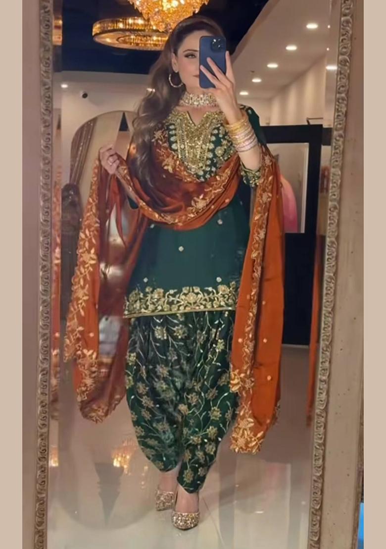 Green Embroidery Silk Salwar Suit Set - Indya