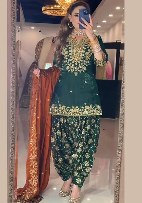 Green Embroidery Silk Salwar Suit Set — view on Indya