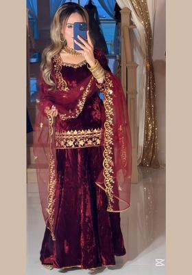 Maroon Embroidery Velvet Salwar Suit Set