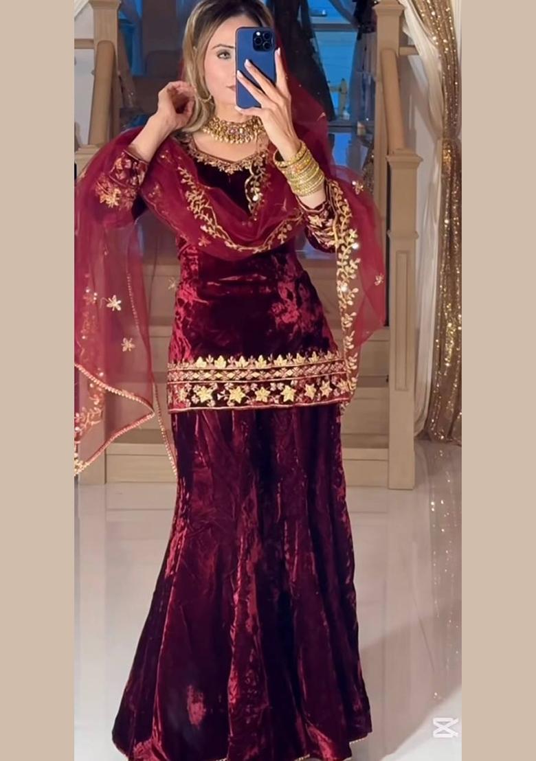 Maroon Embroidery Velvet Salwar Suit Set - Indya
