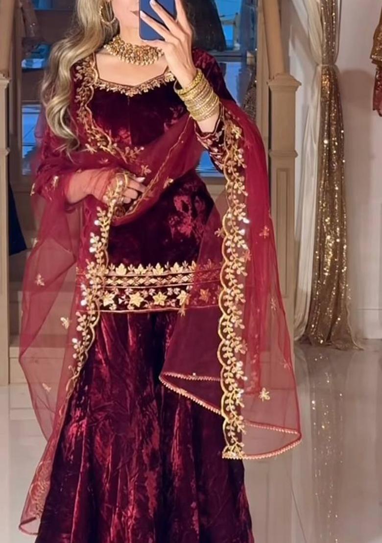 Maroon Embroidery Velvet Salwar Suit Set - Indya