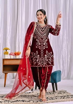 Maroon Embroidery Velvet Salwar Suit Set