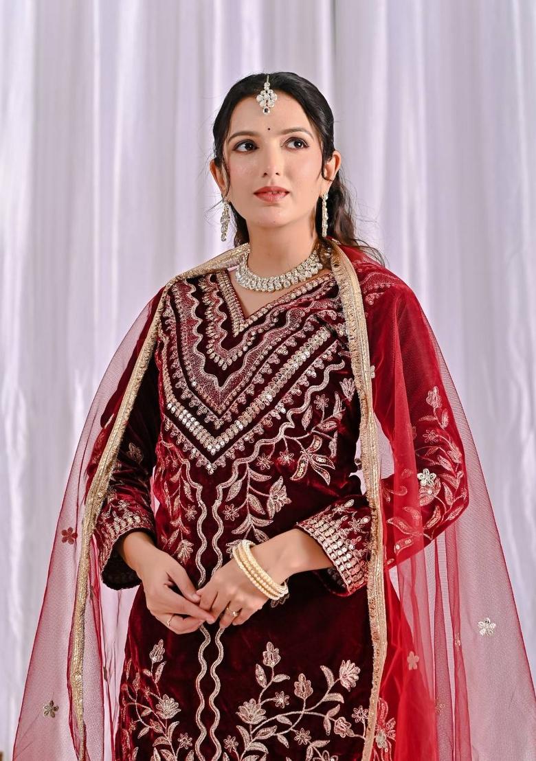 Maroon Embroidery Velvet Salwar Suit Set - Indya