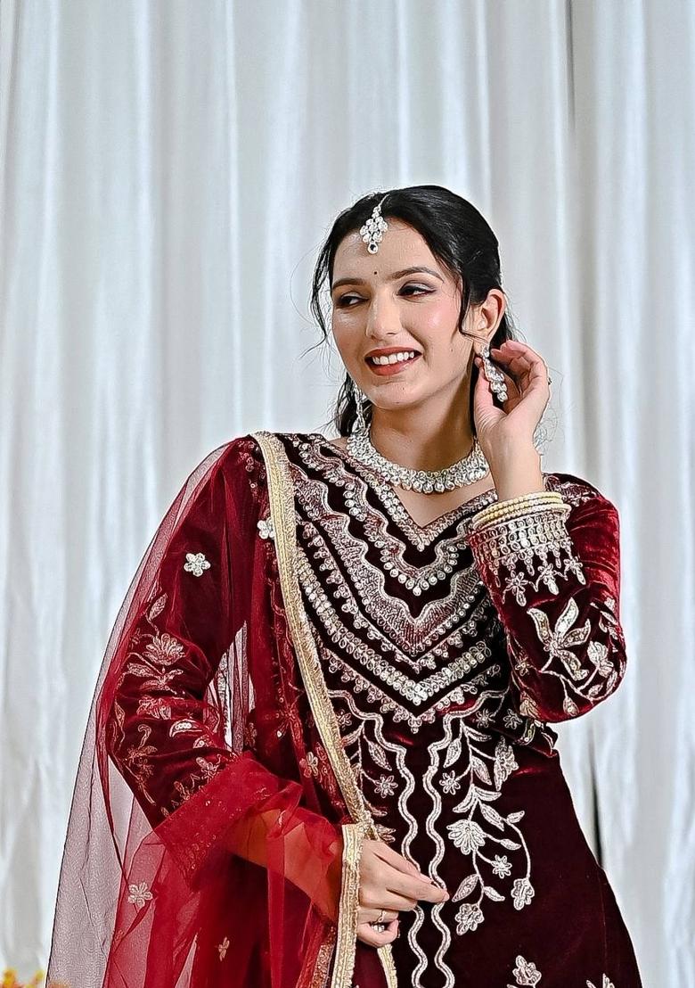 Maroon Embroidery Velvet Salwar Suit Set - Indya