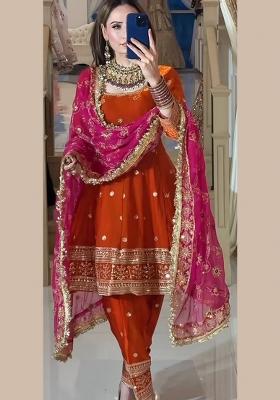 Orange Embroidery Silk Salwar Suit Set