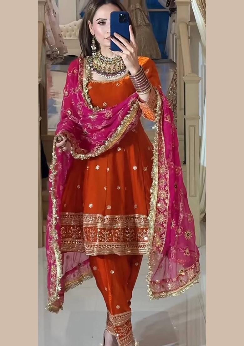 Orange Embroidery Silk Salwar Suit Set - Indya