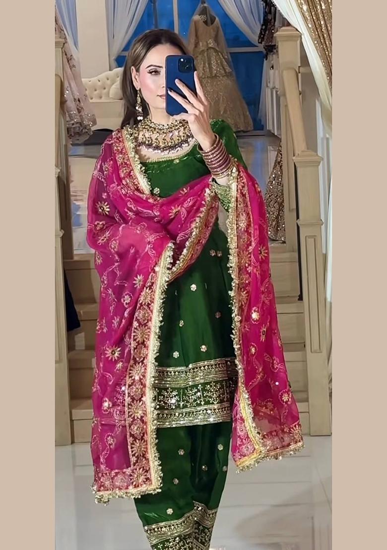 Green Embroidery Silk Salwar Suit Set - Indya