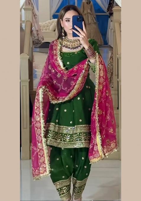 Green Embroidery Silk Salwar Suit Set — view on Indya