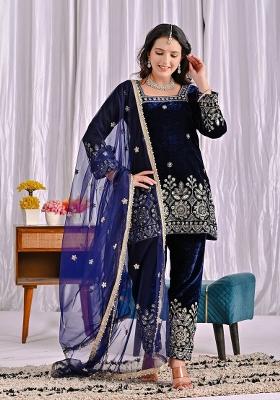 Navy Blue Embroidery Velvet Salwar Suit Set