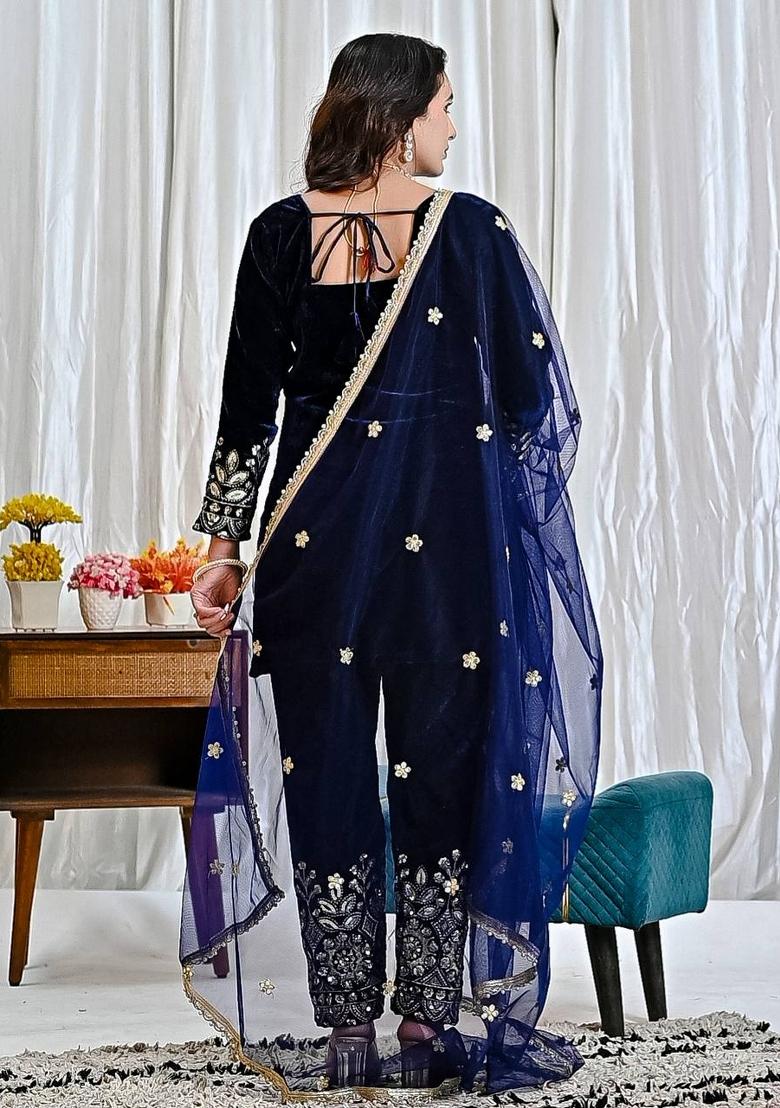 Navy Blue Embroidery Velvet Salwar Suit Set - Indya