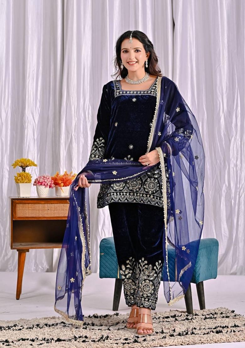 Navy Blue Embroidery Velvet Salwar Suit Set - Indya