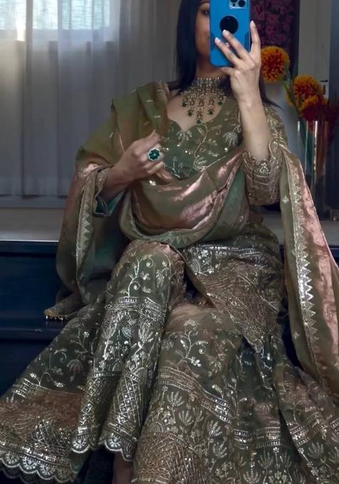 Green Embroidery Silk Salwar Suit Set — view on Indya